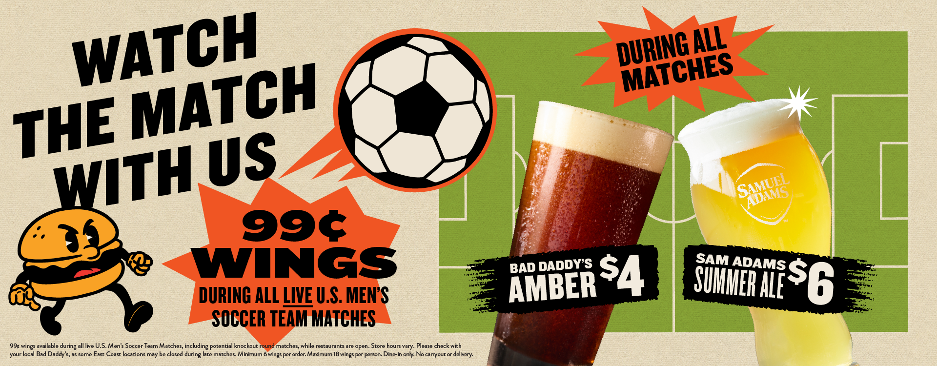 Watch the US Men's Soccer | $0.99 Wings and Draft Beer Specials