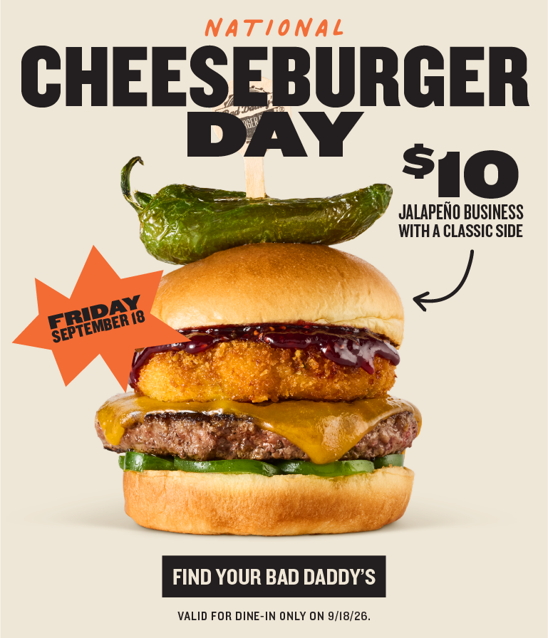 $10 Jalapeno Business on 9/18/26 for National Cheeseburger Day 