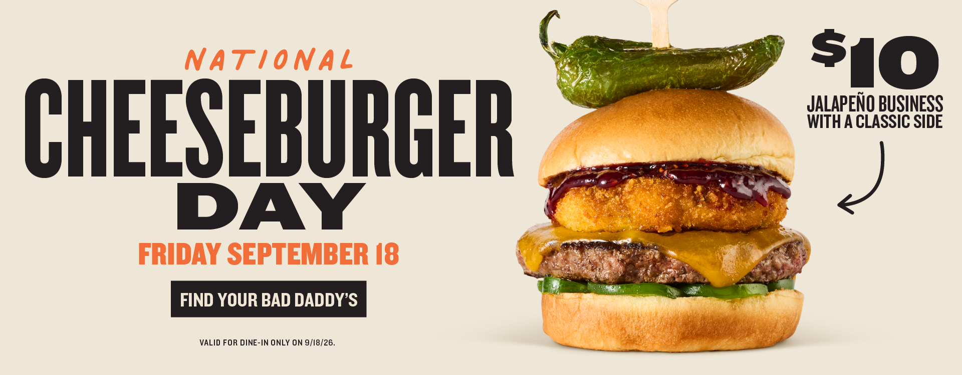 $10 Jalapeno Business on 9/18/26 for National Cheeseburger Day